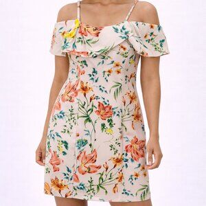 $118 Guess Pink Floral Off Shoulder Ruffle Bodycon Dress Stretch 2 Botanical